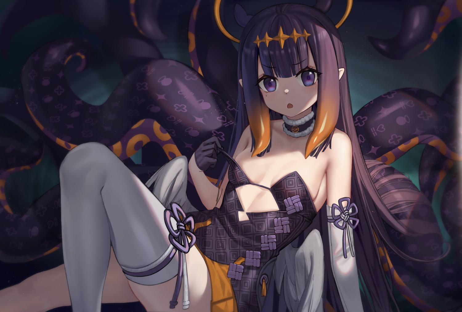 hololive hololive_english nil ninomae_ina'nis no_bra nopan pointy_ears skirt_lift tentacles thighhighs undressing wings