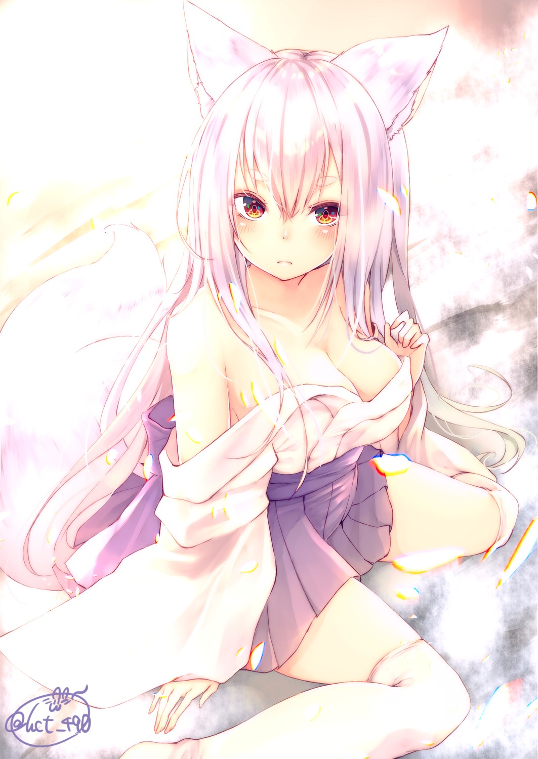 animal_ears chita_(ketchup) cleavage japanese_clothes kitsune open_shirt tail thighhighs