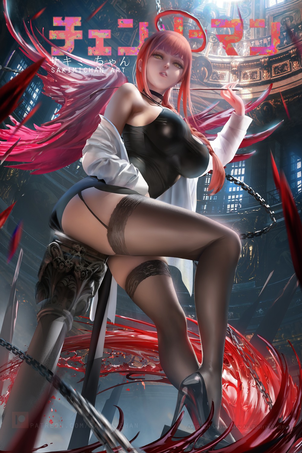 angel chainsaw_man heels makima_(chainsaw_man) sakimichan see_through stockings thighhighs weapon wings