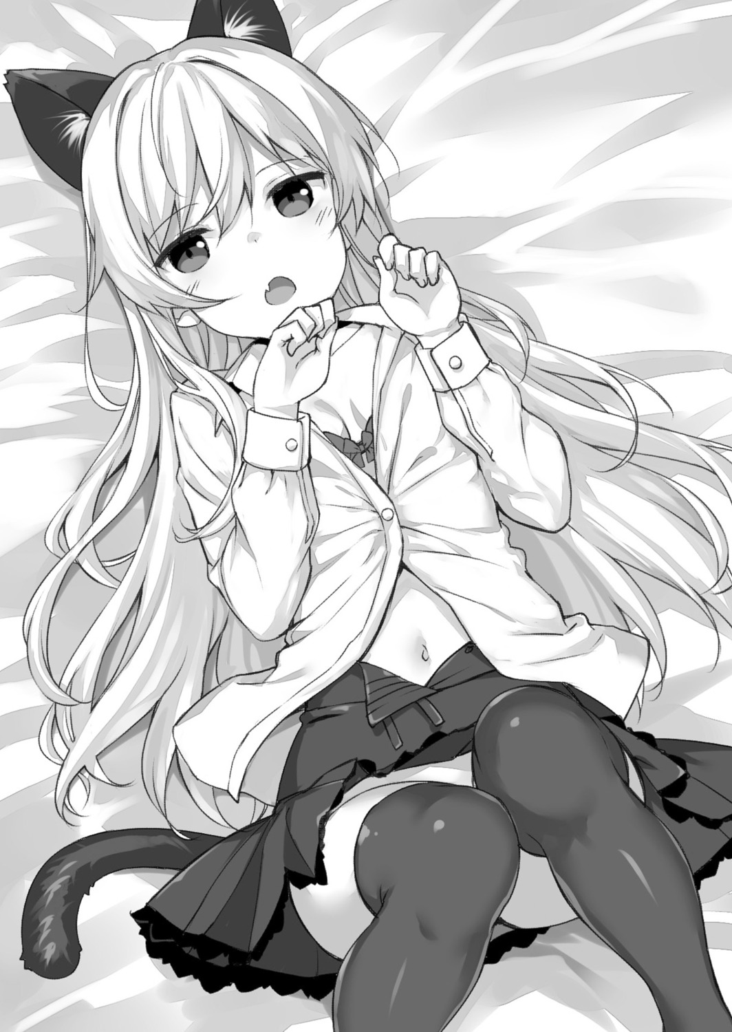 animal_ears arifureta_shokugyou_de_sekai_saikyou bra dress_shirt monochrome nekomimi open_shirt pantsu skirt_lift tail takayaki thighhighs yue_(arifureta)