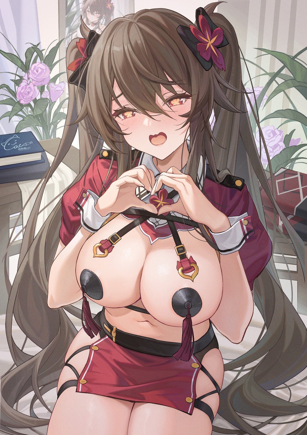 breasts genshin_impact hu_tao no_bra pasties uniform youxuemingdie