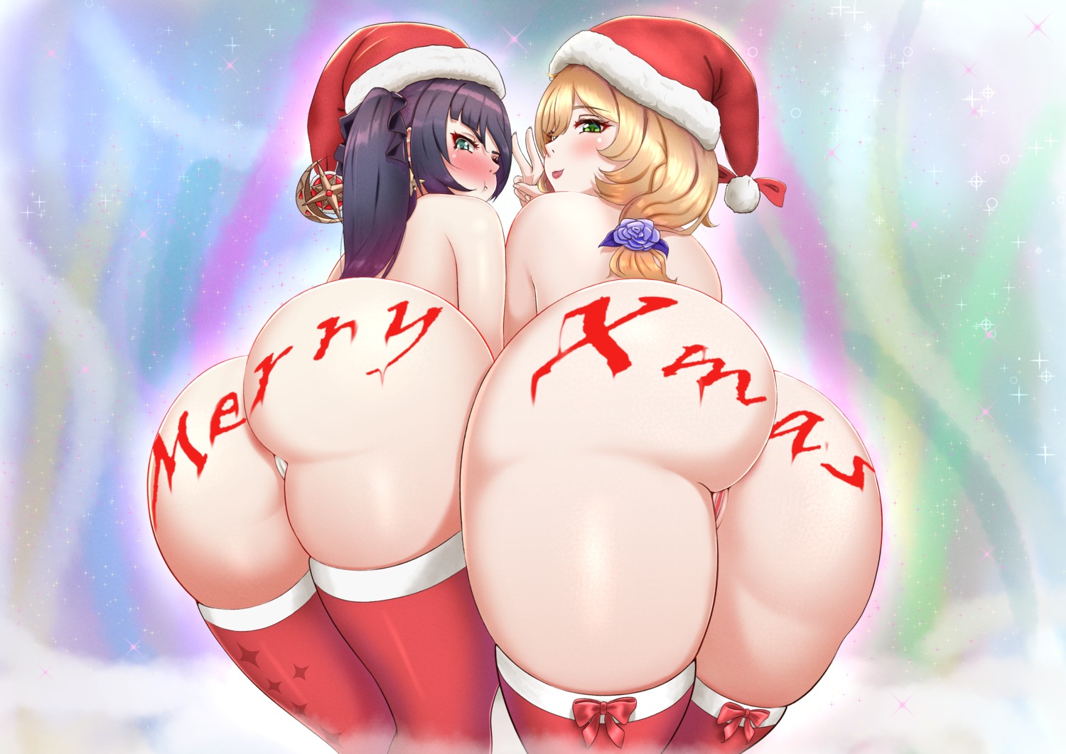 ass cameltoe christmas genshin_impact iceringer lisa_(genshin_impact) mona_megistus pantsu thighhighs thong topless