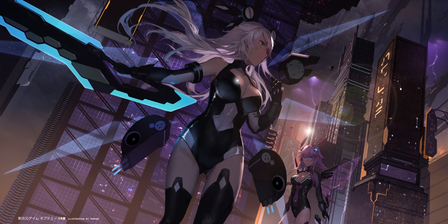 armor black_heart bodysuit choujigen_game_neptune cleavage purple_heart swd3e2 sword thighhighs wings