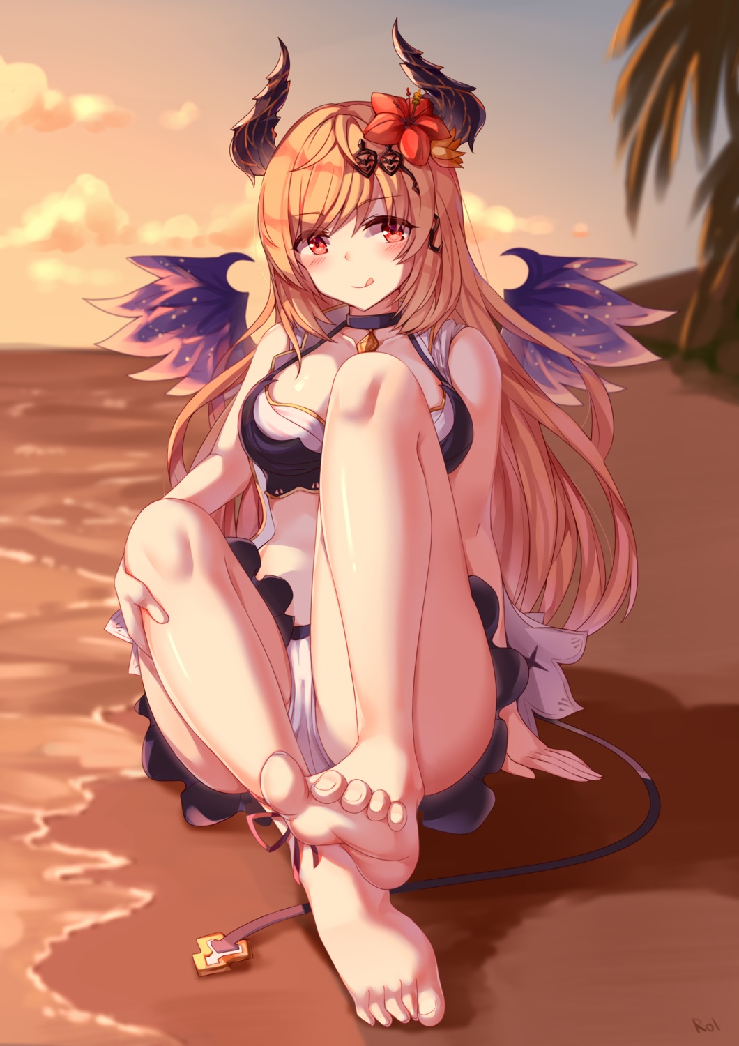 bikini dark_angel_olivia feet granblue_fantasy horns skirt_lift swimsuits watchdog_rol_(y1104280730) wings