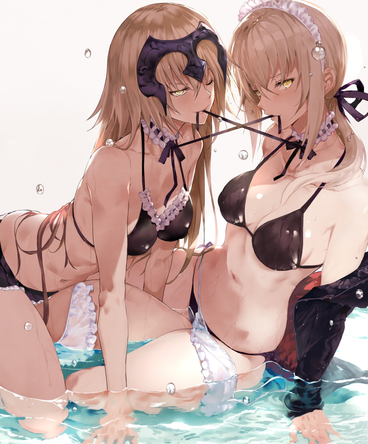 bikini cleavage fate/grand_order jeanne_d'arc jeanne_d'arc_(alter)_(fate) maid open_shirt saber saber_alter swimsuits tokopi wet