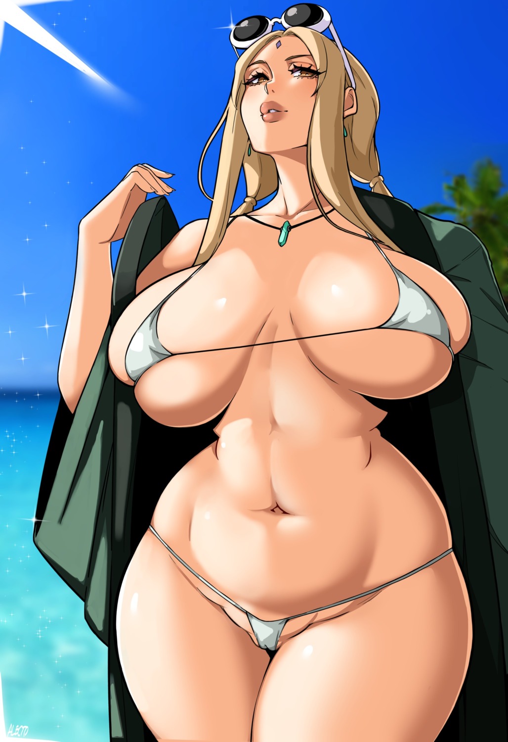 alecto_0 bikini cameltoe megane naruto open_shirt swimsuits tsunade undressing