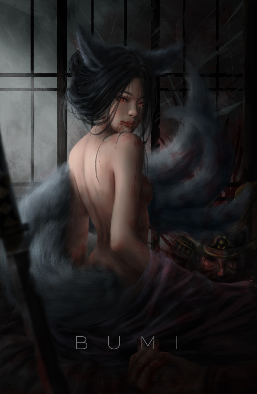 animal_ears armor blood bumi kitsune nopan open_shirt sword tail topless undressing