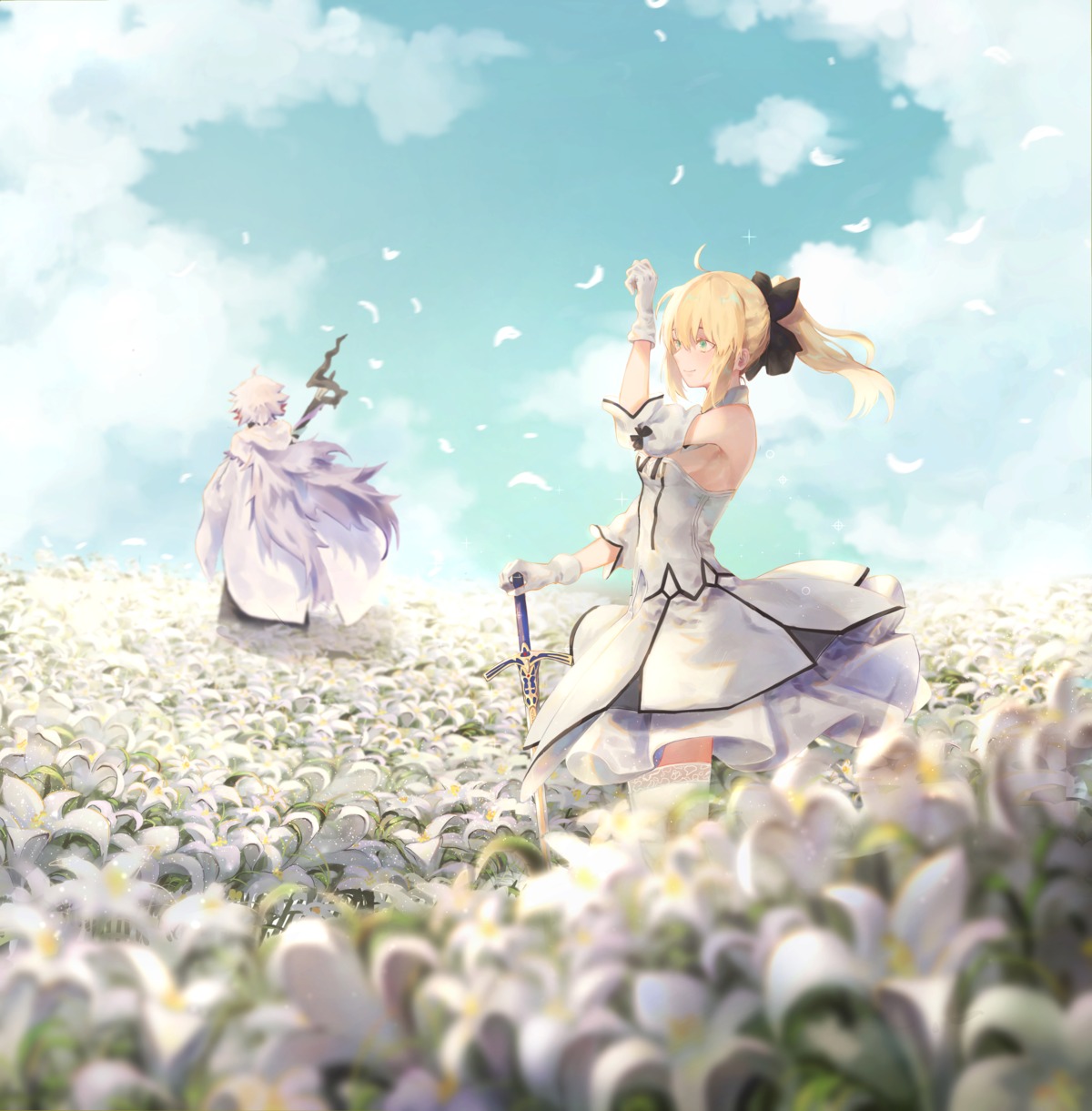 dress fate/grand_order merlin_(fate/stay_night) pigone saber saber_lily sword thighhighs