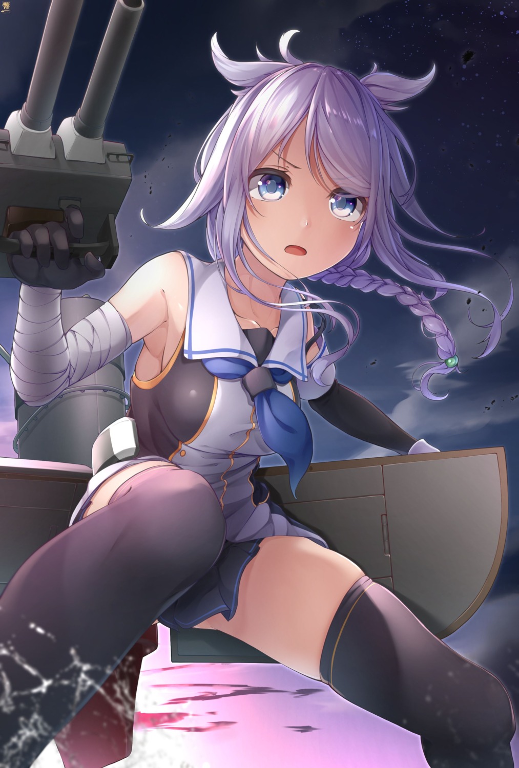 bandages hibiki_zerocodo jpeg_artifacts kantai_collection seifuku skirt_lift thighhighs umikaze_(kancolle) weapon