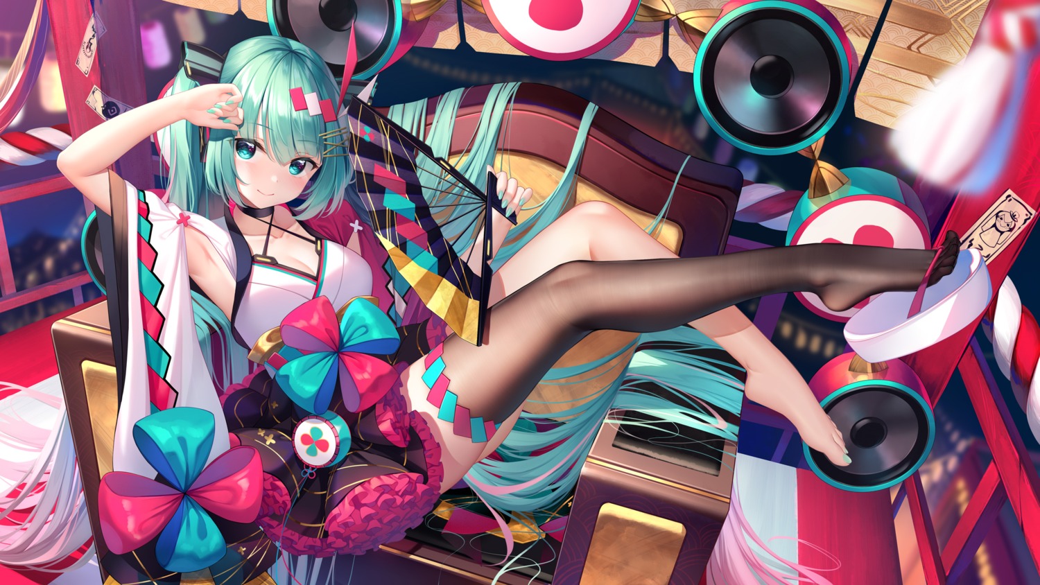 cleavage hatsune_miku japanese_clothes magical_mirai meion skirt_lift thighhighs vocaloid