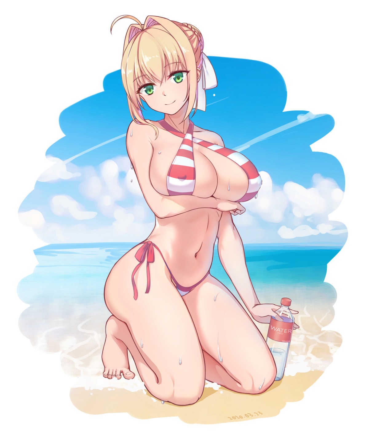 bikini breast_hold erect_nipples fate/grand_order jason_dai saber_extra swimsuits wet