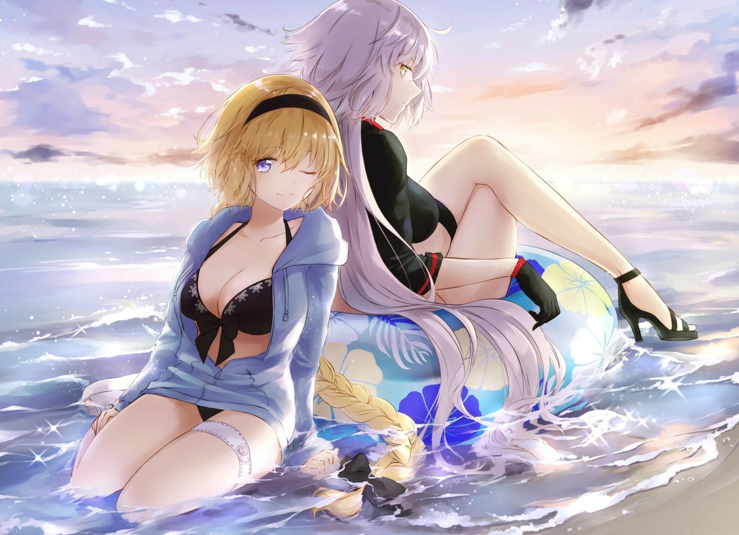 bikini cleavage fate/grand_order garter heels jeanne_d'arc jeanne_d'arc_(alter)_(fate) jeanne_d'arc_(fate) open_shirt sena_tea29 swimsuits wet