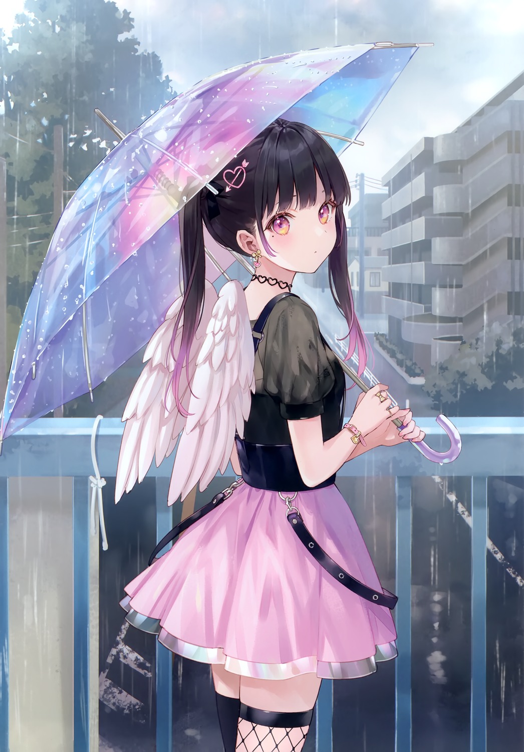 fishnets fukahire_sanba ruinon thighhighs umbrella wings