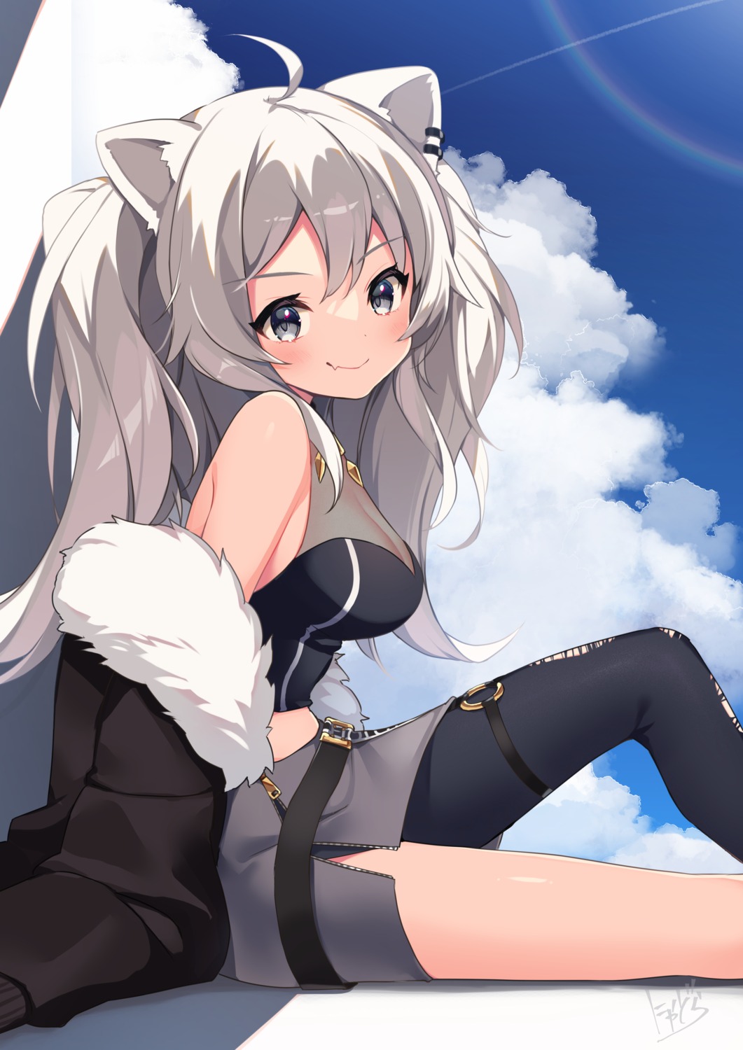 animal_ears cleavage garter hololive no_bra nyasunyadoora see_through shishiro_botan skirt_lift torn_clothes