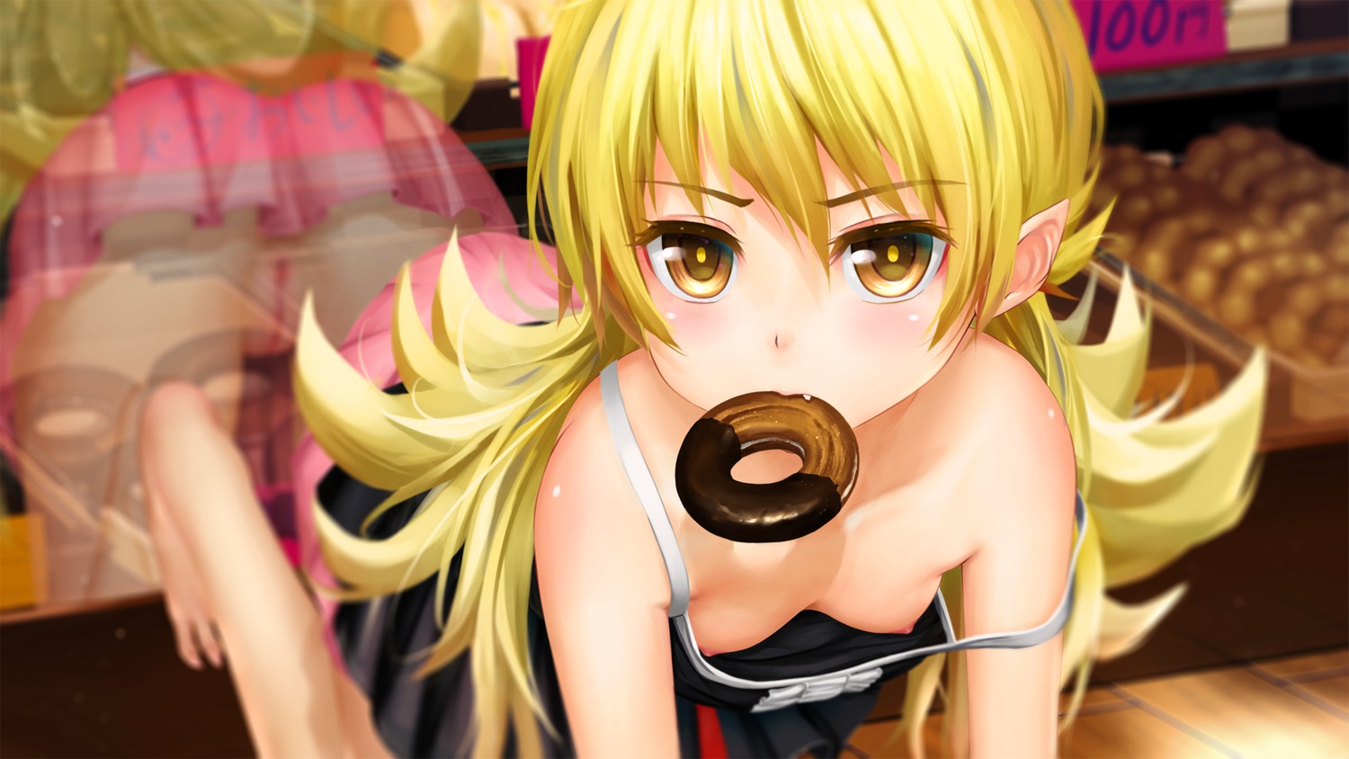 aki99 bakemonogatari loli monogatari_(series) nipple_slip nipples no_bra nopan oshino_shinobu pointy_ears pussy