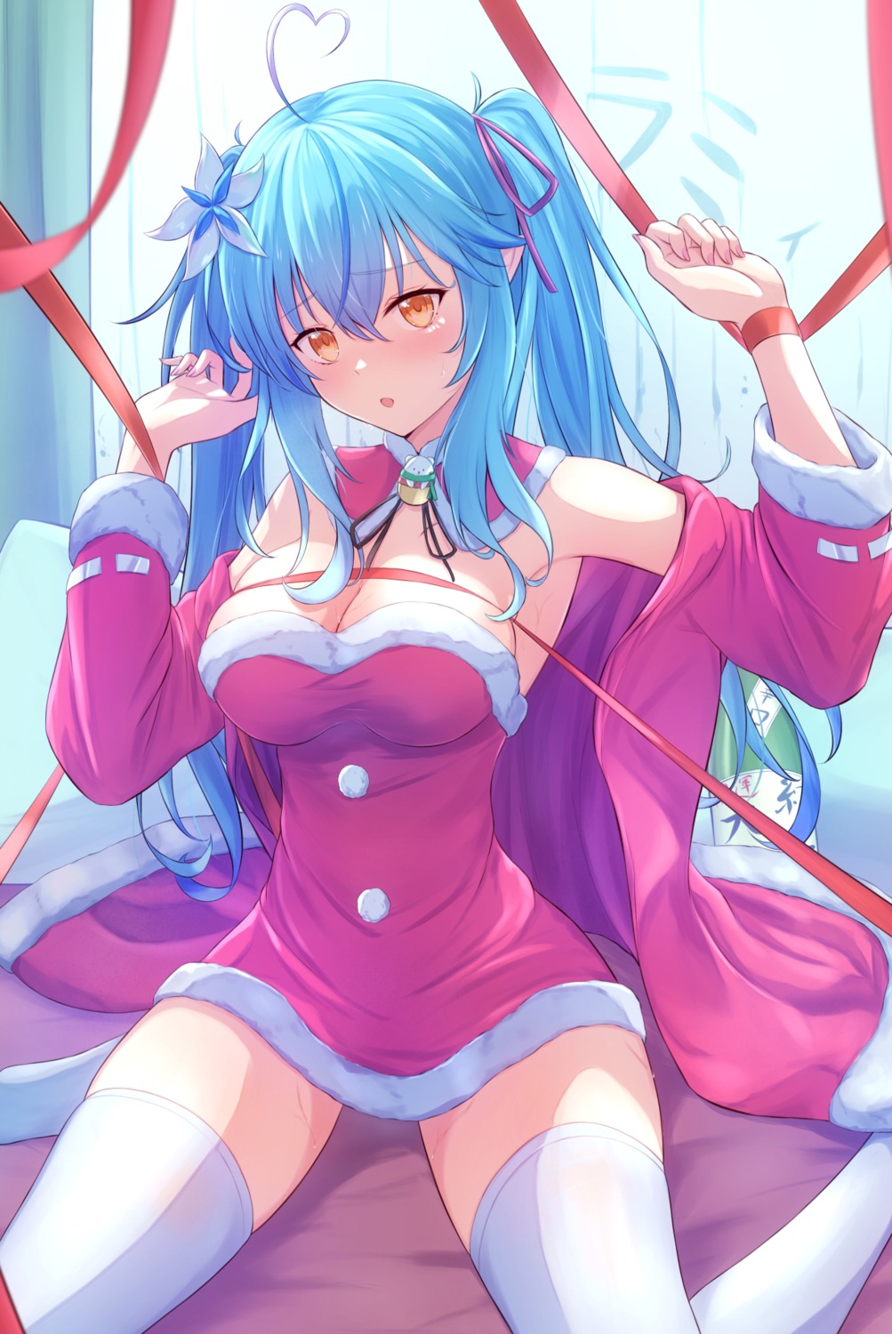 christmas cocoablue23 dress elf hololive no_bra pointy_ears thighhighs yukihana_lamy