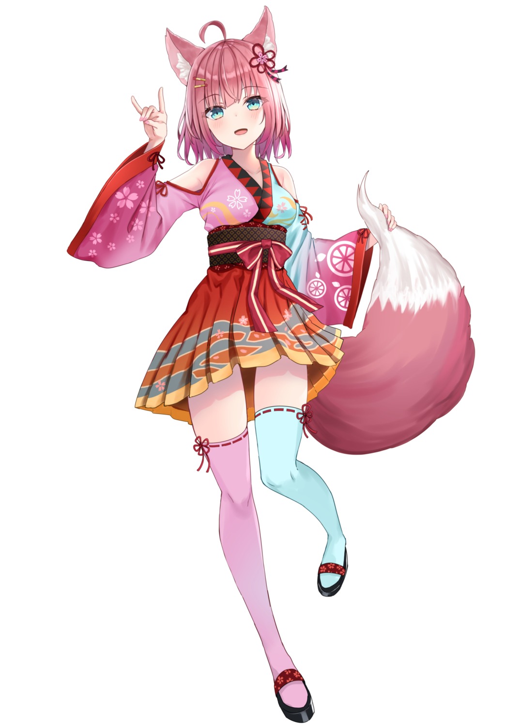 akino_ell animal_ears japanese_clothes kitsune tail thighhighs vshojo