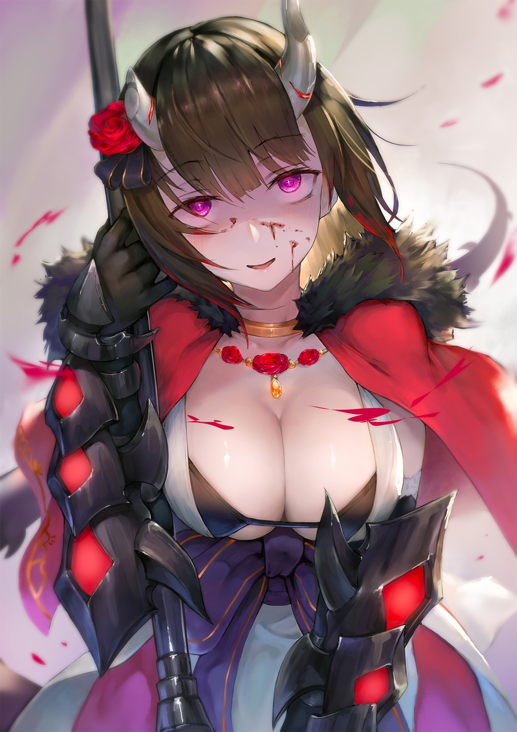 armor bikini_top blood horns japanese_clothes kuraishi_eriko open_shirt princess_connect! princess_connect!_re:dive swimsuits waymay weapon yandere