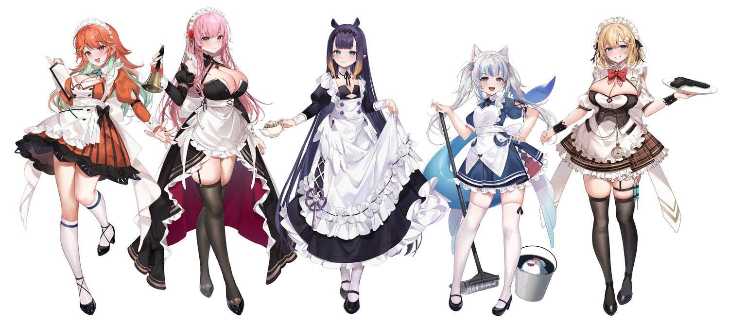 animal_ears garter gawr_gura gun heels hololive hololive_english machi_(7769) maid mori_calliope nekomimi ninomae_ina'nis no_bra pointy_ears skirt_lift stockings tail takanashi_kiara thighhighs waitress watson_amelia