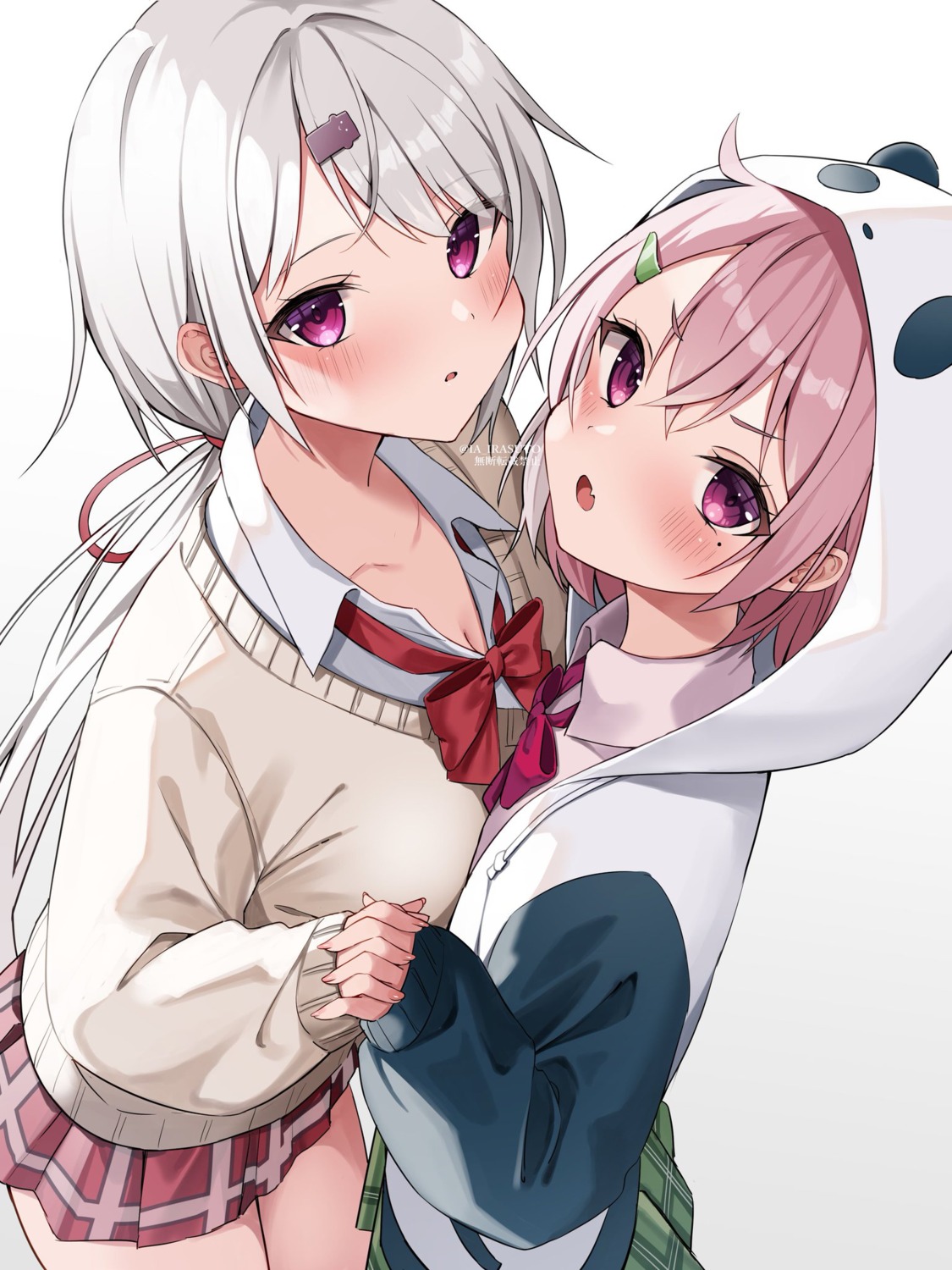 ia_1928 nijisanji nijisanji_gamers sasaki_saku seifuku shiina_yuika sweater symmetrical_docking yuri