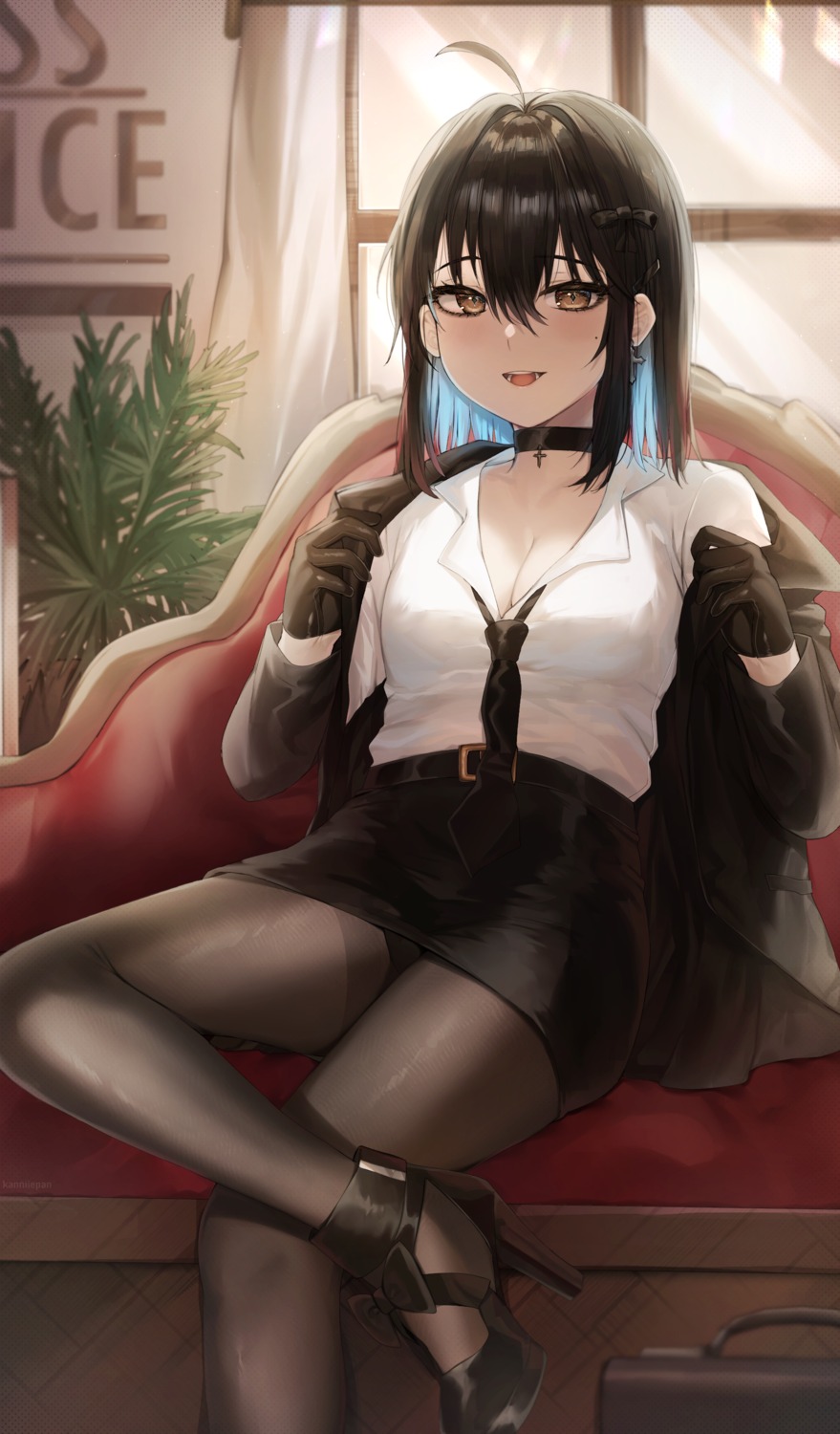 business_suit cleavage heels irene_(kanniiepan) kanniiepan open_shirt pantsu pantyhose skirt_lift undressing