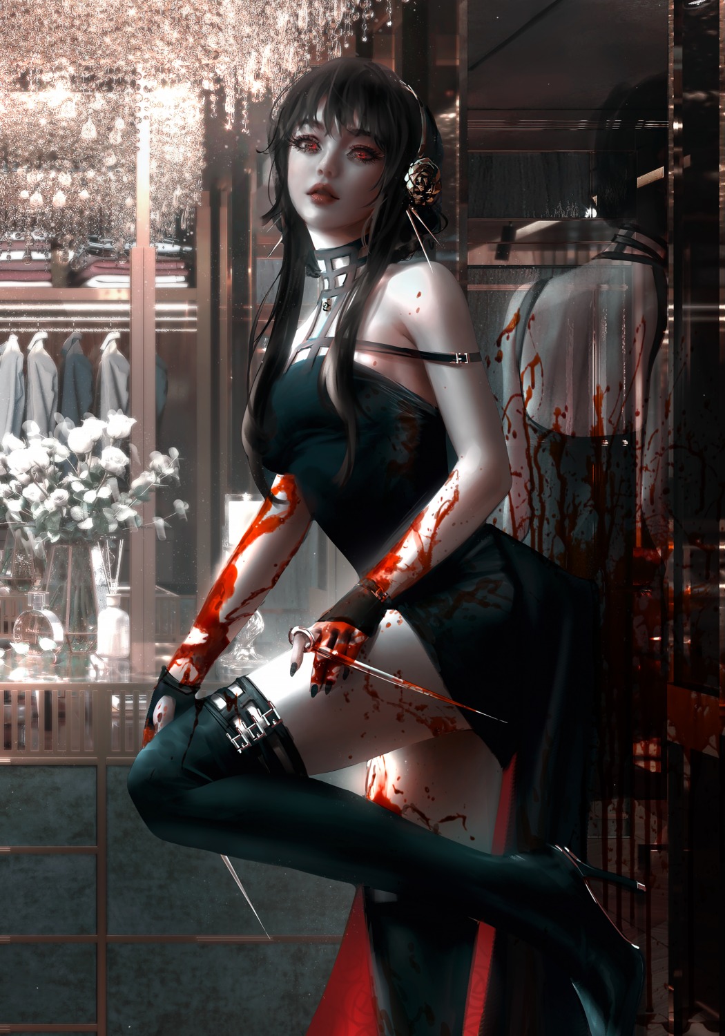 blood dress heels nixeu no_bra spy_x_family thighhighs weapon yor_briar