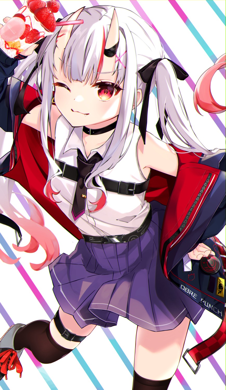 garter hololive horns nakiri_ayame shiro_hebi_rei skirt_lift thighhighs