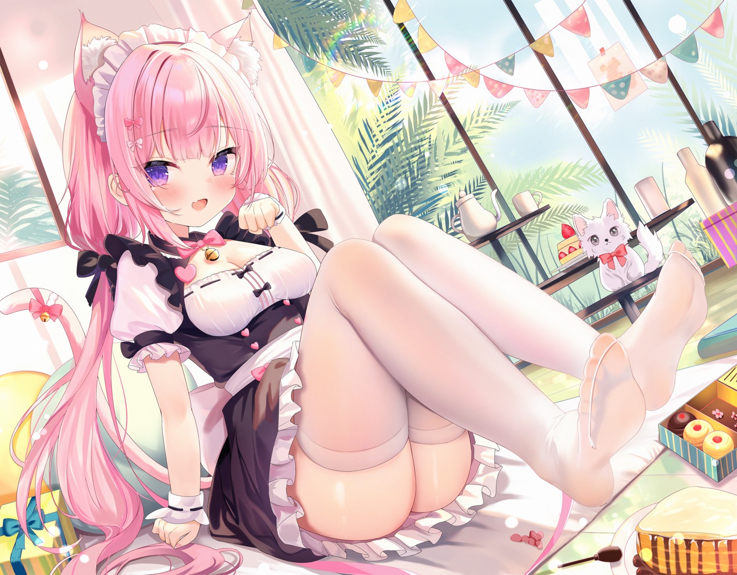 animal_ears feet kinoshita_ringo_(ryve5758) maid neko nekomimi skirt_lift tail thighhighs