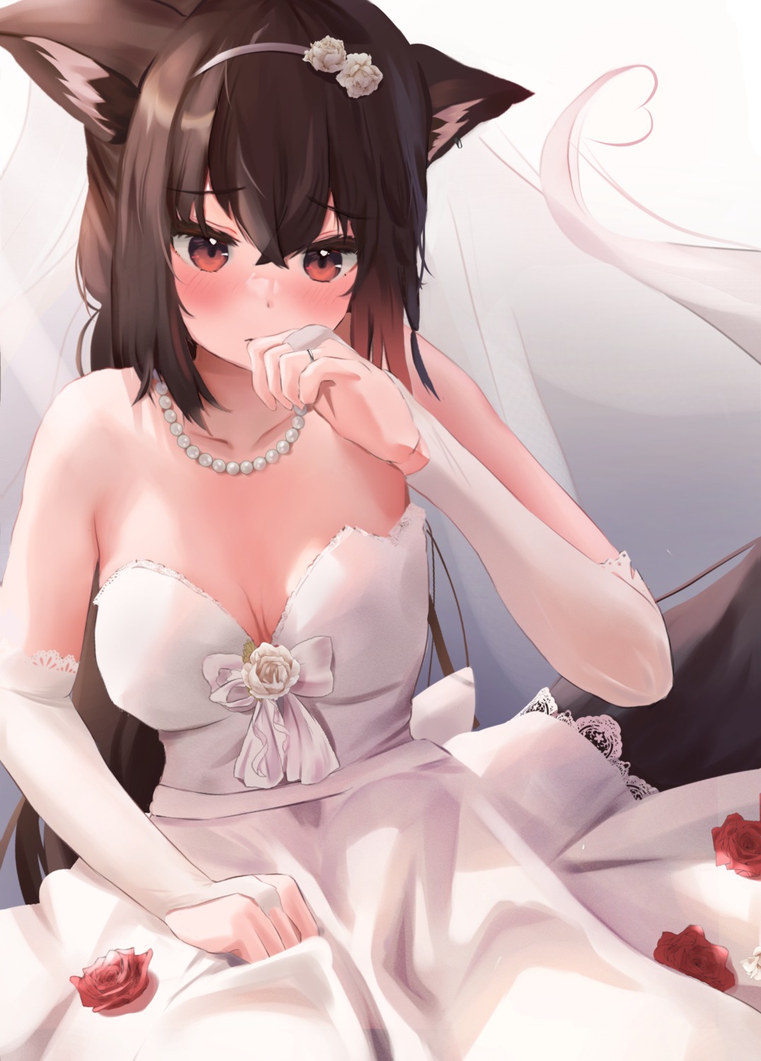 animal_ears cleavage dress hololive hololive_gamers kitsune kurokami_fubuki no_bra tail uechin_ewokaku wedding_dress