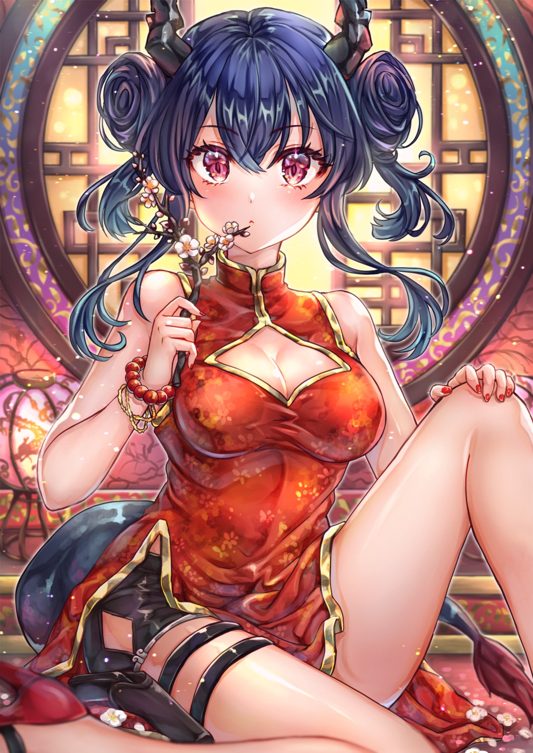 arknights ch'en_(arknights) chinadress cleavage garter gun heels horns skirt_lift tail tamaso