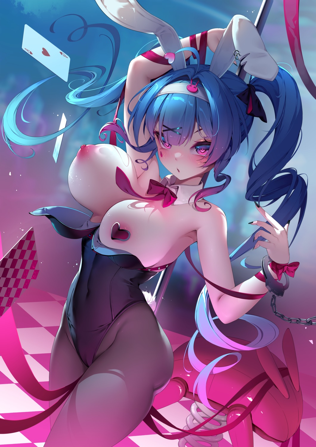 animal_ears areola breasts bunny_ears bunny_girl cameltoe hatsune_miku nipples no_bra pantyhose pasties rabbit_hole_(vocaloid) senyee tail tattoo vocaloid