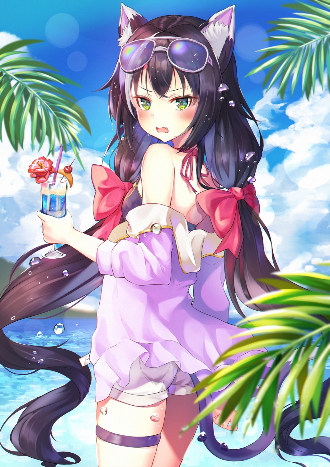 animal_ears artist_revision ass bikini_top garter hyonee karyl_(princess_connect) megane nekomimi open_shirt princess_connect princess_connect!_re:dive swimsuits tail wet