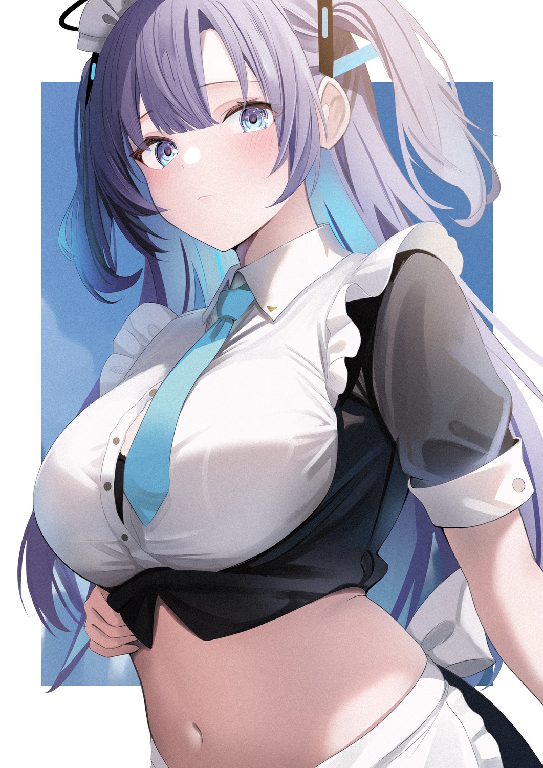 blue_archive bra halo hayase_yuuka maid open_shirt touyou_(39kir)