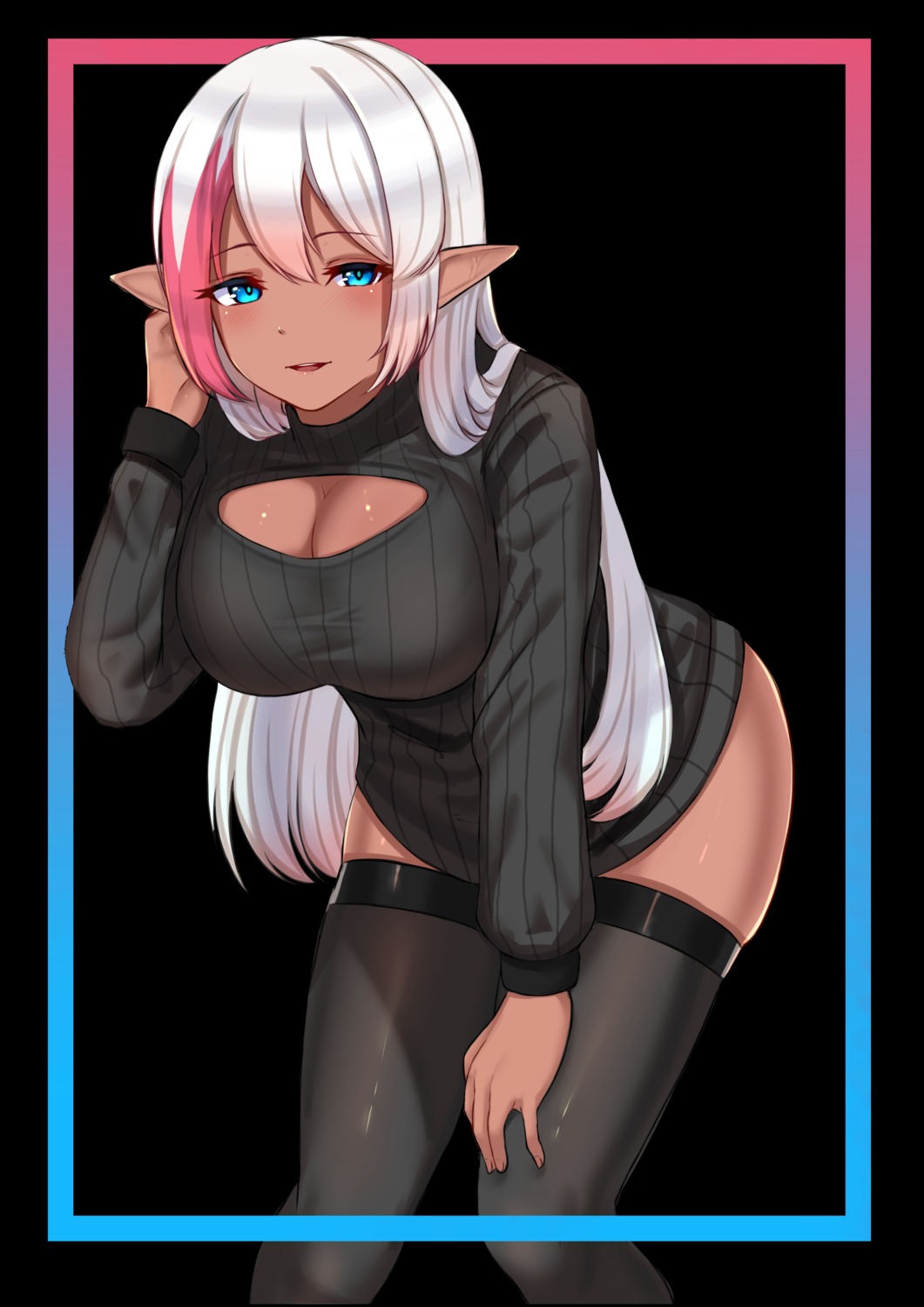 cleavage kanta pointy_ears sweater thighhighs