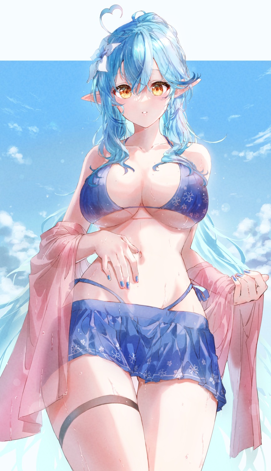 bikini dentaku_music elf garter hololive pointy_ears swimsuits wet yukihana_lamy