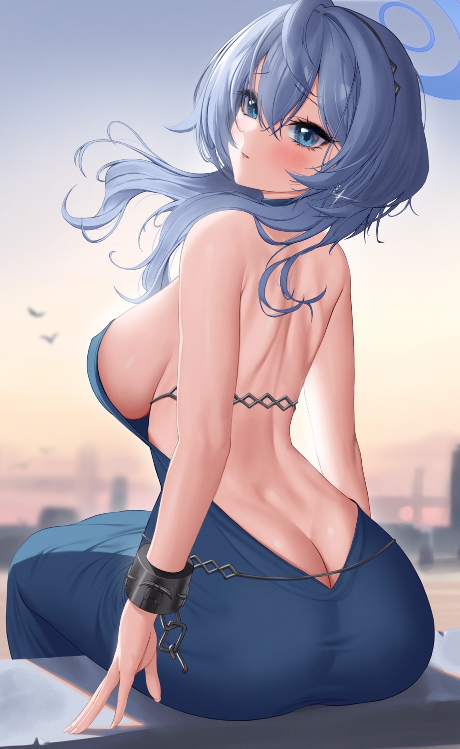 amau_ako angrycat_(tkuw2438) ass blue_archive dress halo no_bra nopan