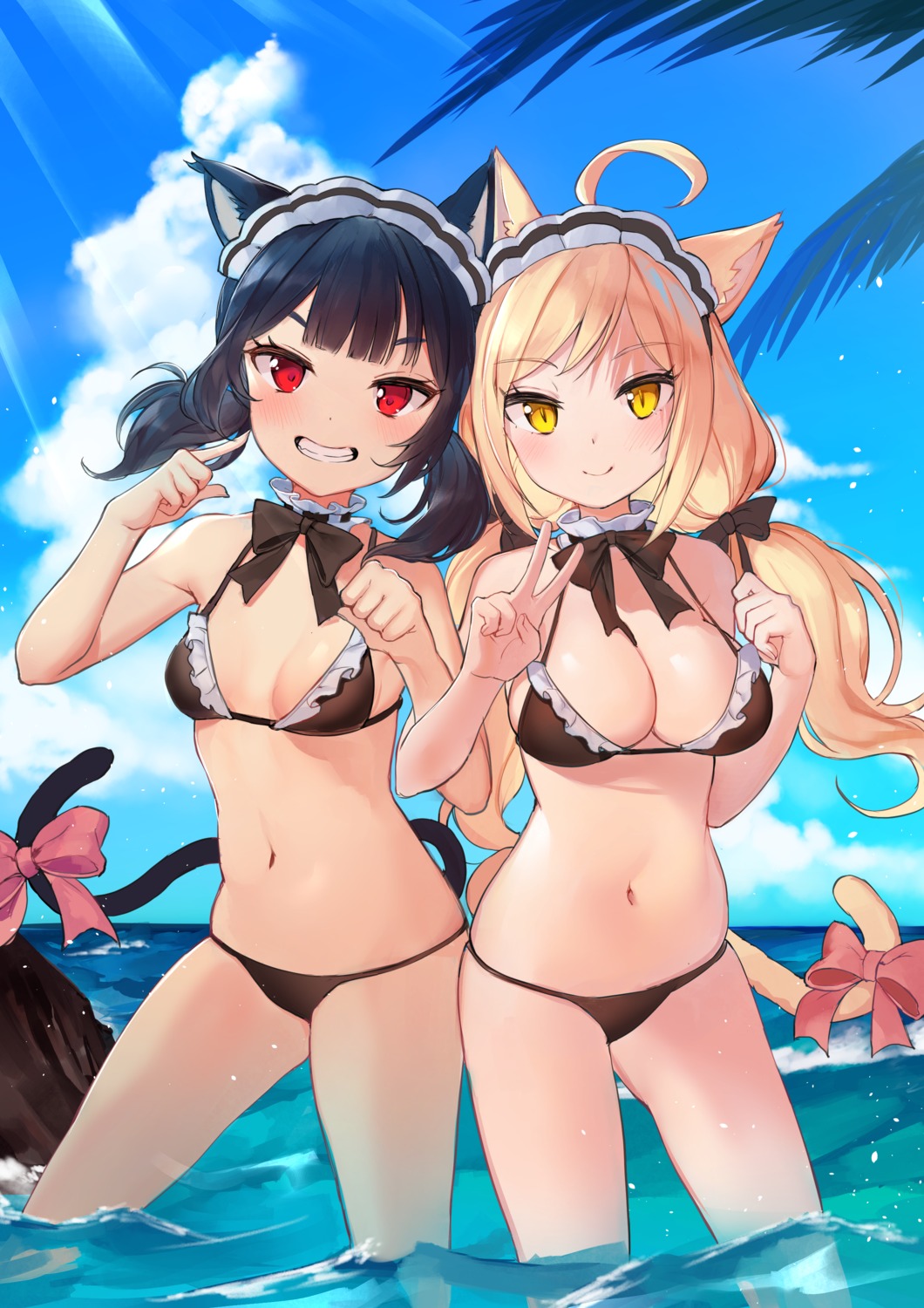 animal_ears bada_(jksh5056) bikini cleavage nekomimi swimsuits tail wet