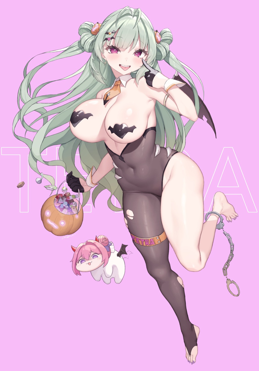 bodysuit breasts chibi cloba devil dorothy_(nikke) erect_nipples garter halloween horns nikke_the_goddess_of_victory no_bra pasties soda_(nikke) torn_clothes wings