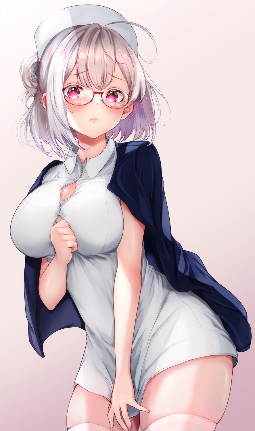 breast_hold cleavage megane no_bra nurse thighhighs yu_lei