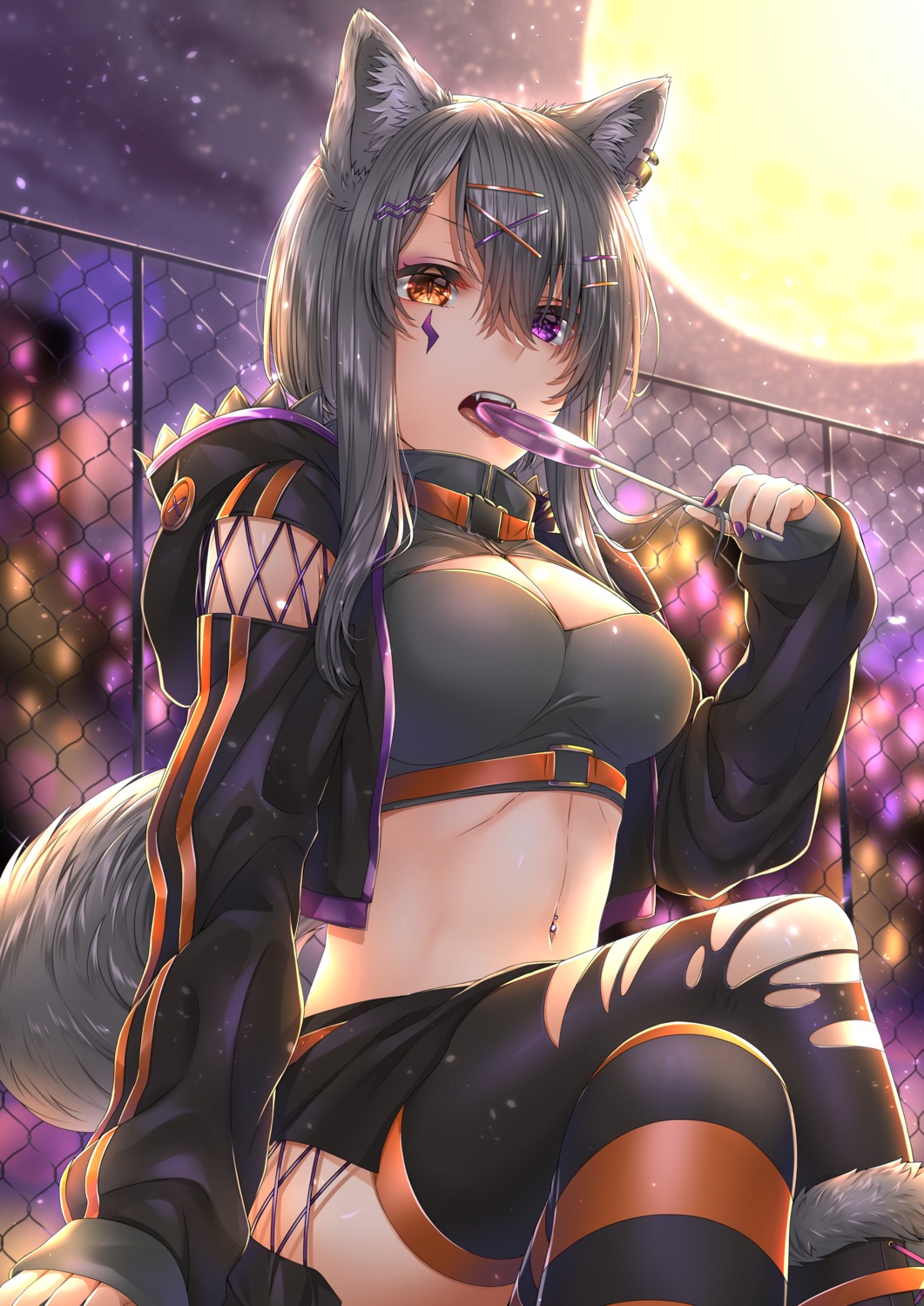 animal_ears cleavage halloween heterochromia routo_(rot_0) skirt_lift tail thighhighs torn_clothes