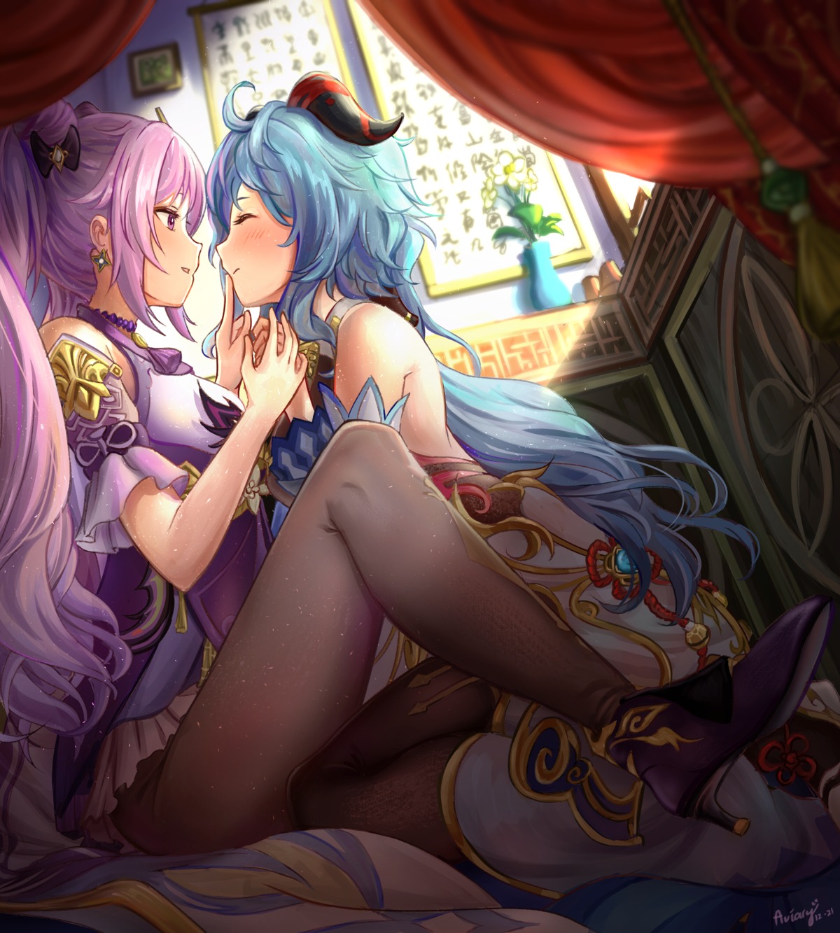 asian_clothes aviary ganyu genshin_impact heels horns keqing pantyhose yuri