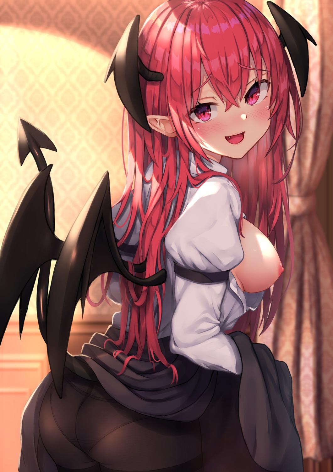 ass breasts koakuma nipples no_bra pantsu pantyhose pointy_ears skirt_lift tail touhou wings wowoguni