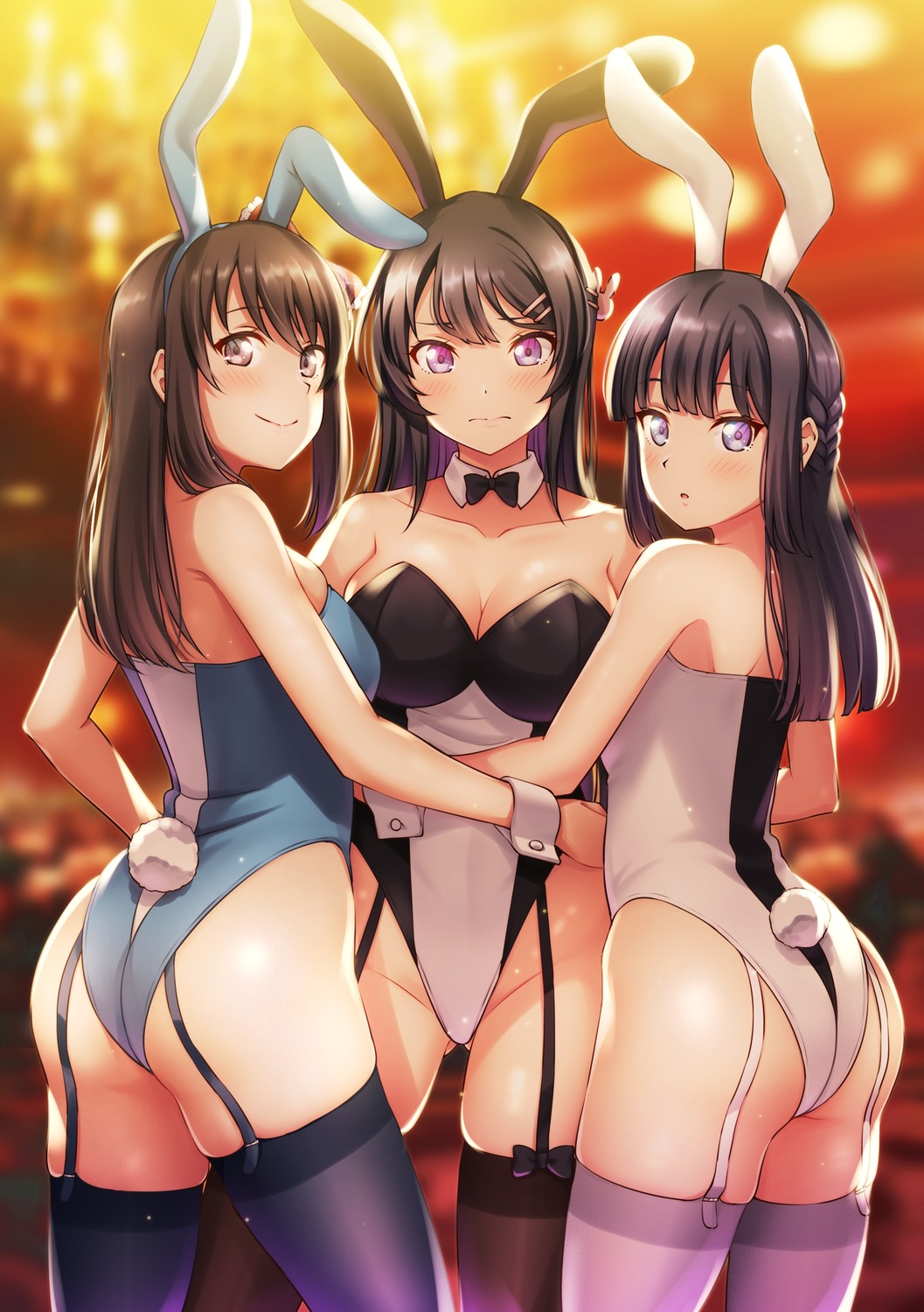 animal_ears ass bunny_ears bunny_girl cleavage hirokawa_uzuki makinohara_shouko mibushiro no_bra sakurajima_mai seishun_buta_yarou stockings tail thighhighs