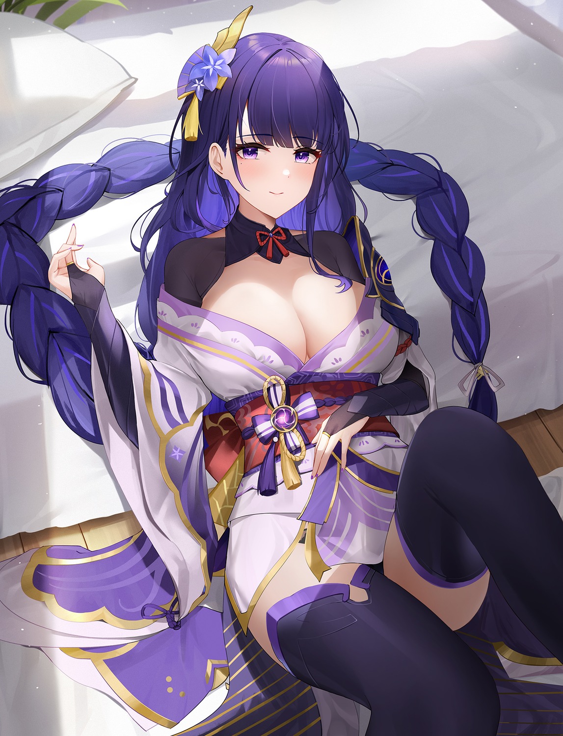 genshin_impact japanese_clothes no_bra pantsu qing_wu raiden_shogun thighhighs