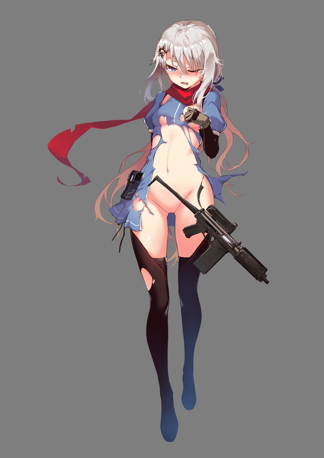 9a-91_(girls_frontline) breasts fangdan_runiu girls_frontline gun no_bra nopan photoshop pussy thighhighs torn_clothes