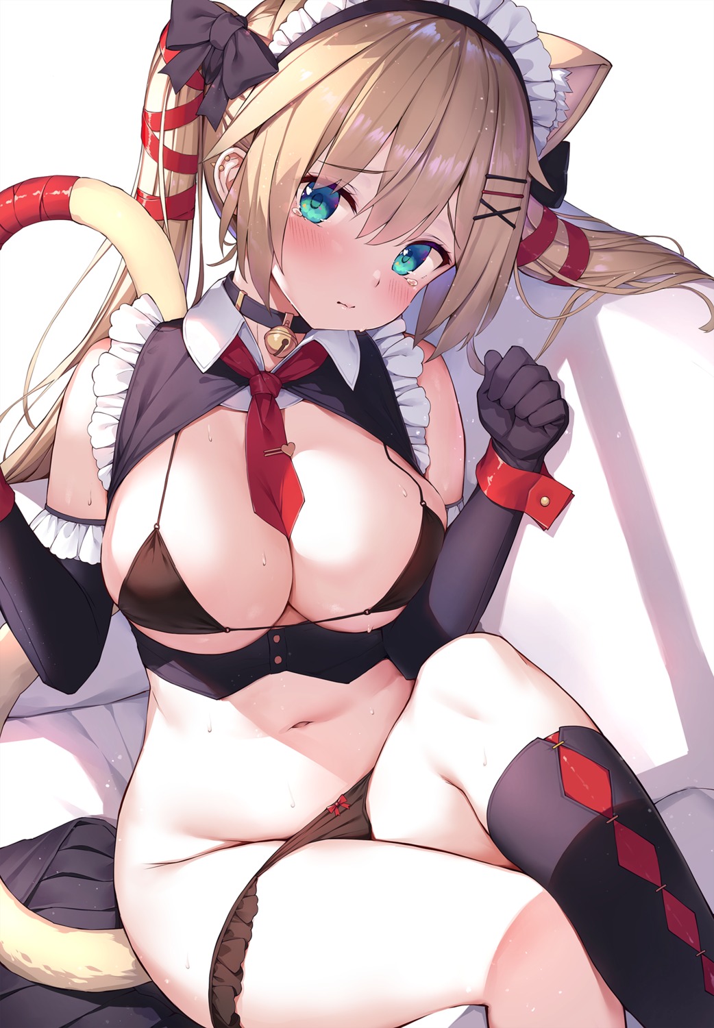 akai_haato animal_ears bra hololive maid nekomimi open_shirt pantsu panty_pull sy4 tail