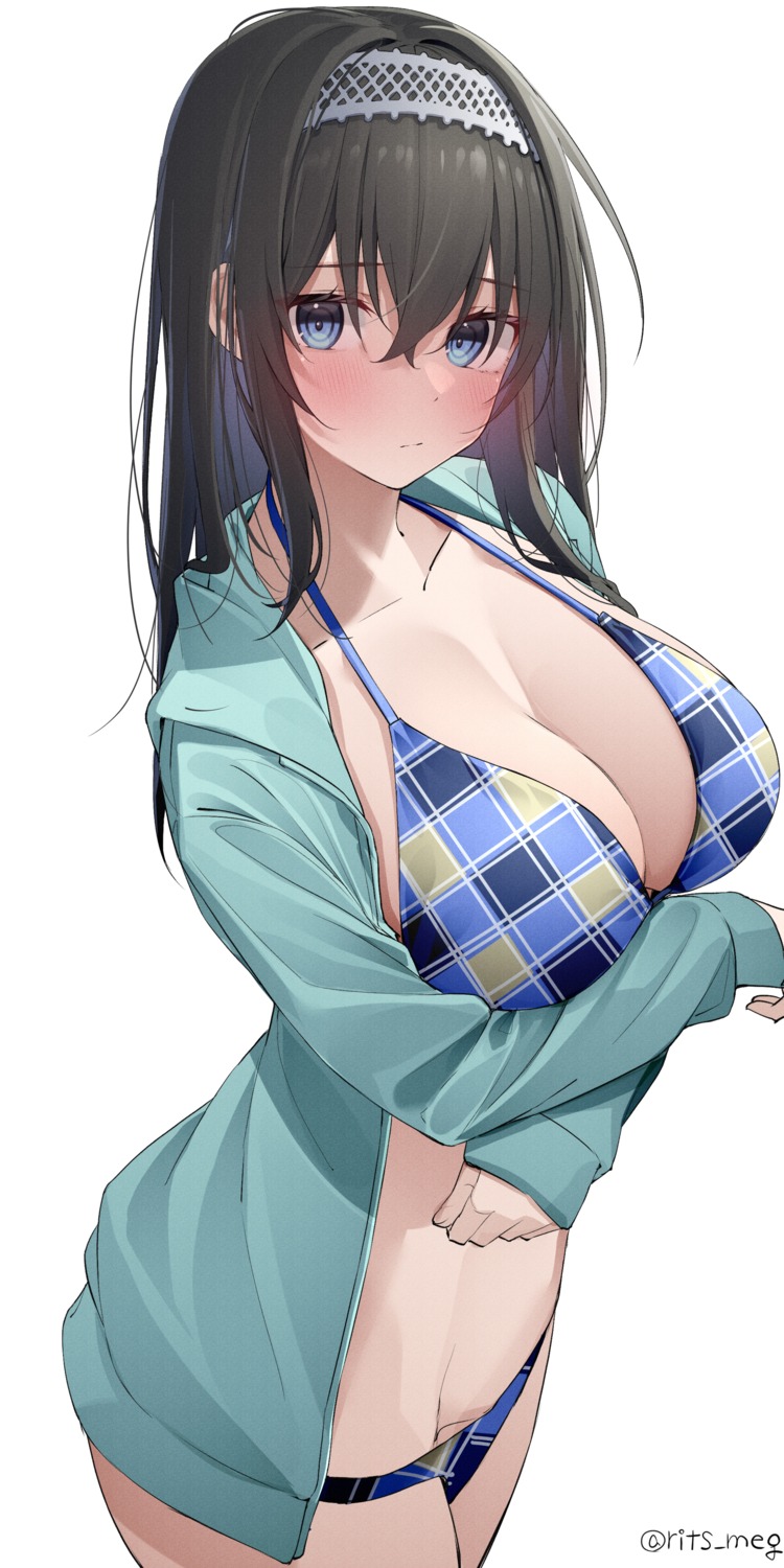 bikini cleavage kawai_ritsu_(rits_meg) open_shirt sagisawa_fumika swimsuits the_idolm@ster the_idolm@ster_cinderella_girls