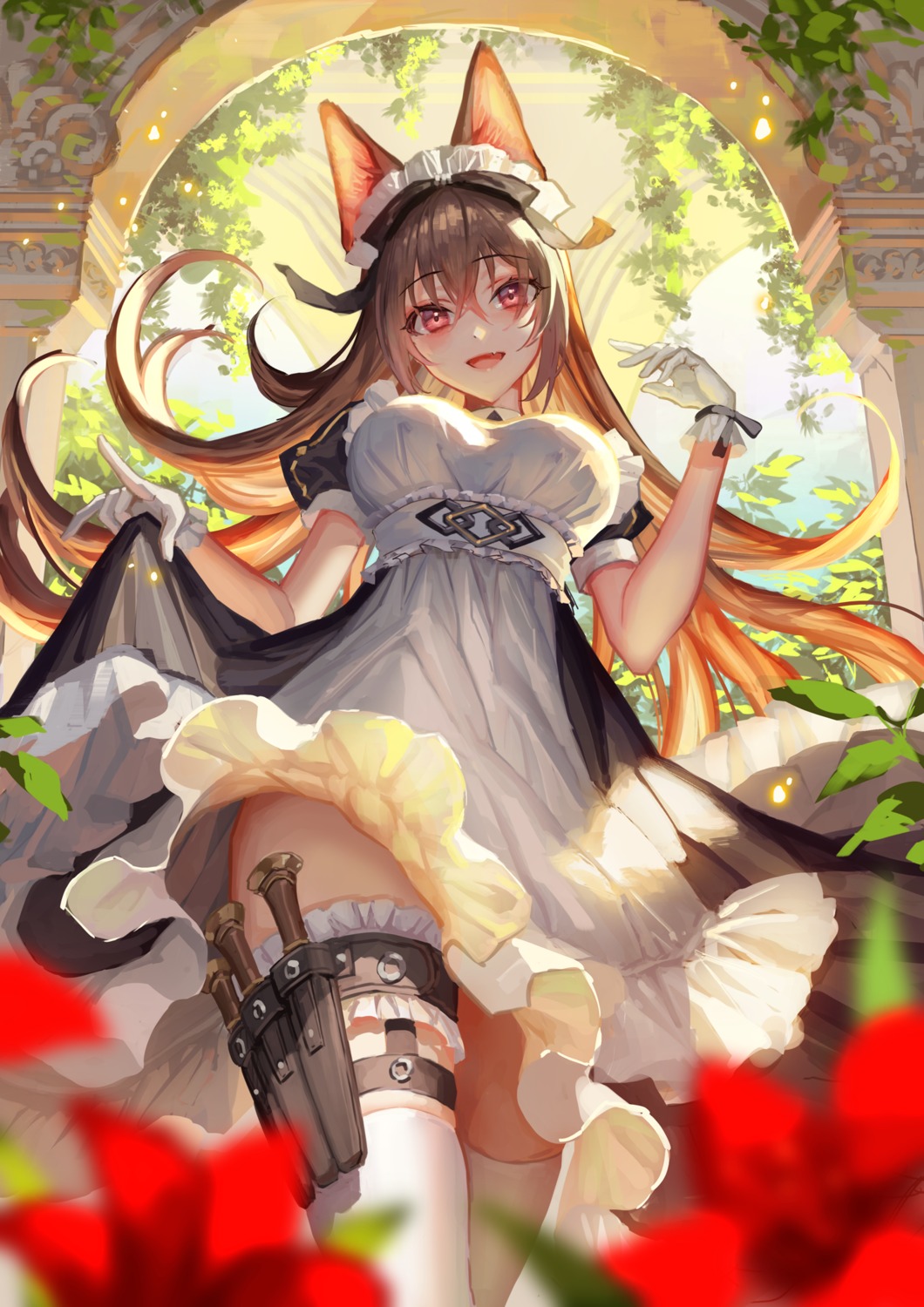 animal_ears garter maid okuma_mai skirt_lift thighhighs weapon