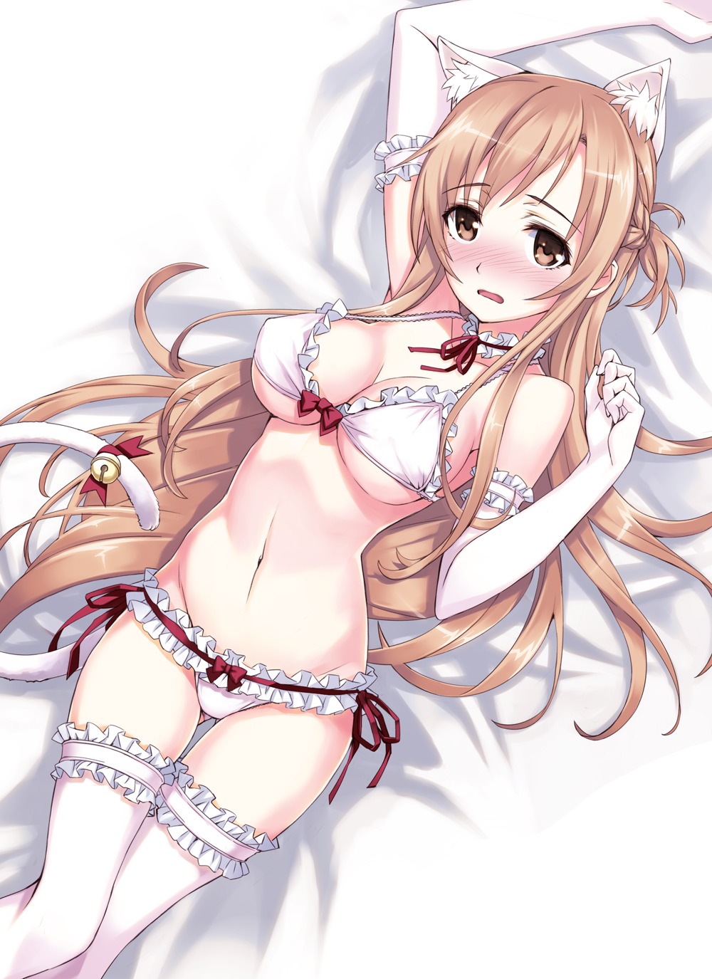 animal_ears asuna_(sword_art_online) bra cleavage matsuryuu nekomimi pantsu sword_art_online tail thighhighs underboob