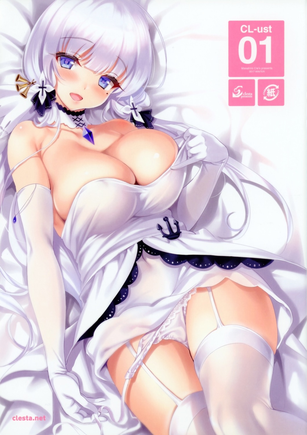 azur_lane cle_masahiro dress illustrious_(azur_lane) pantsu panty_pull stockings string_panties thighhighs undressing